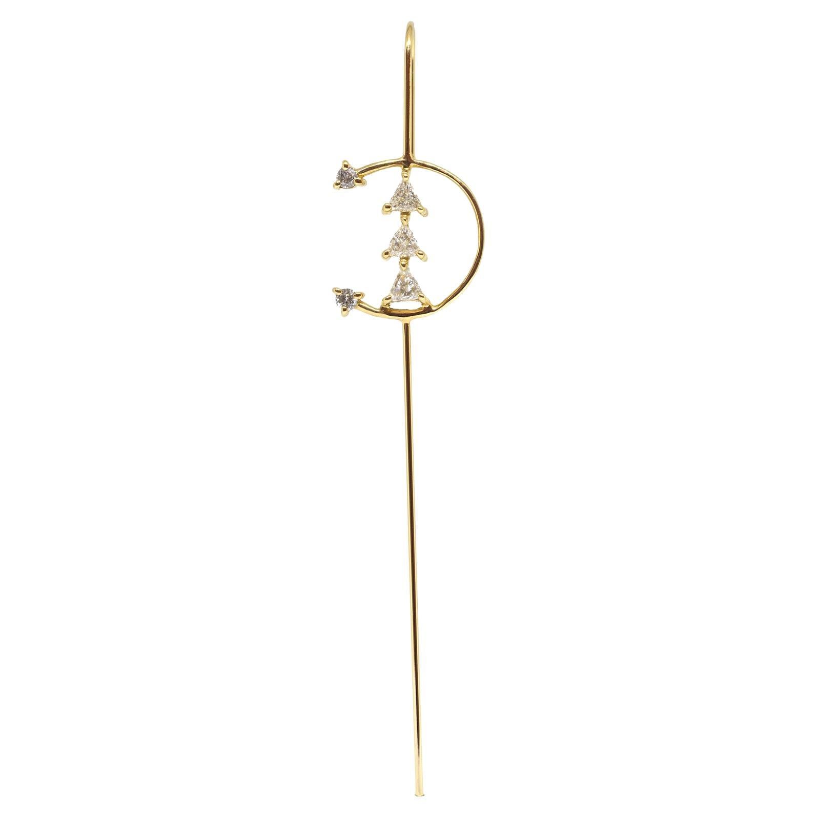 The Sunrise Needle Earring is constructed of a delicate gold needle like rod featuring trillion and round shape diamonds . Available with other precious stones of your choice. 

How to wear it: 

Thread the needle end through the ear lobe piercing