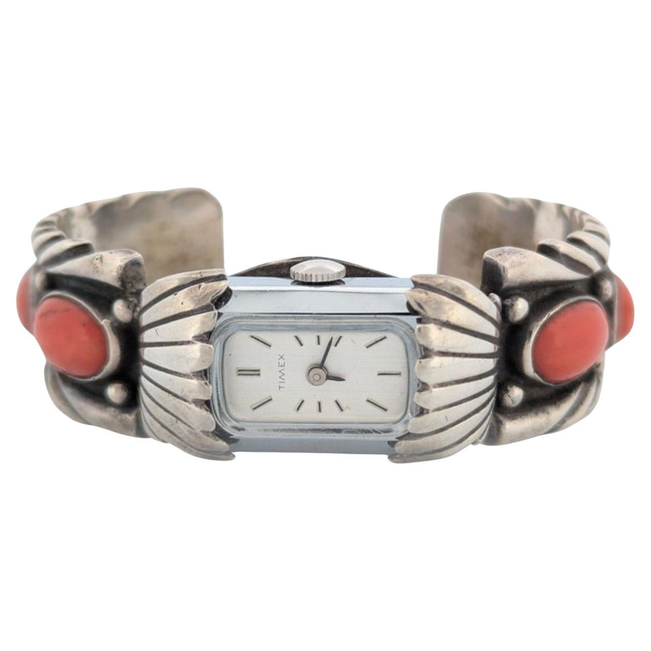Sundown Settlement Vintage Navajo Sterling Silver Three Stone Watch Band For Sale at 1stDibs