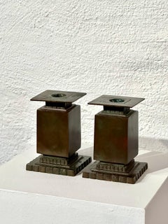 Sune Bäckström Green Patinated Bronze Candlesticks, Sweden, 1930s