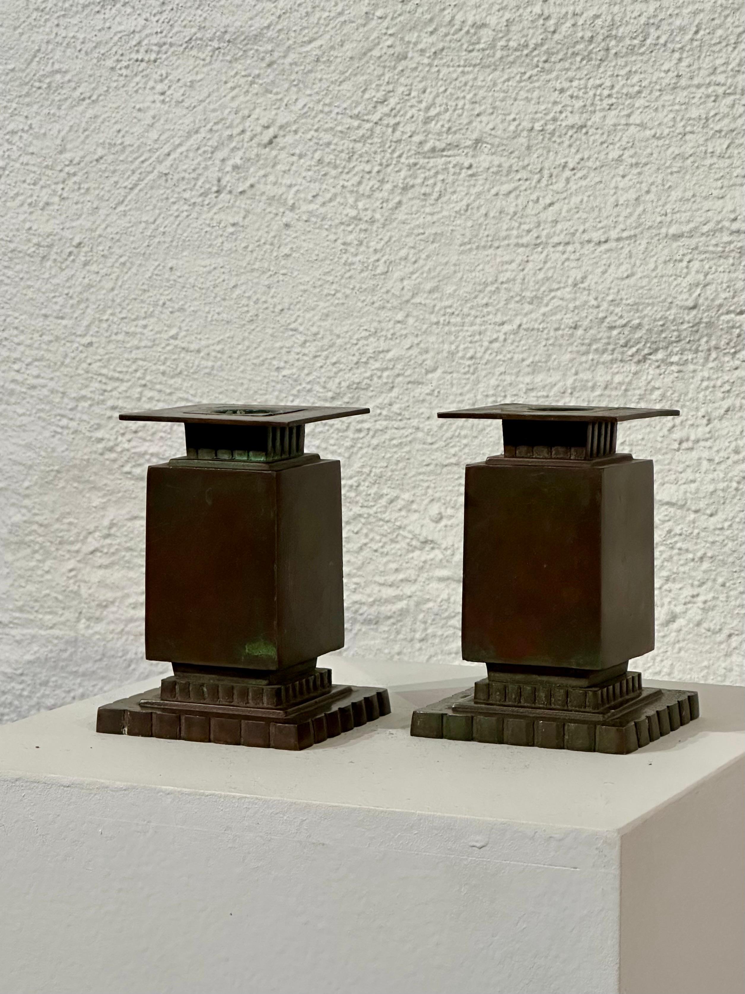 Mid-20th Century Sune Bäckström Green Patinated Bronze Candlesticks, Sweden, 1930s