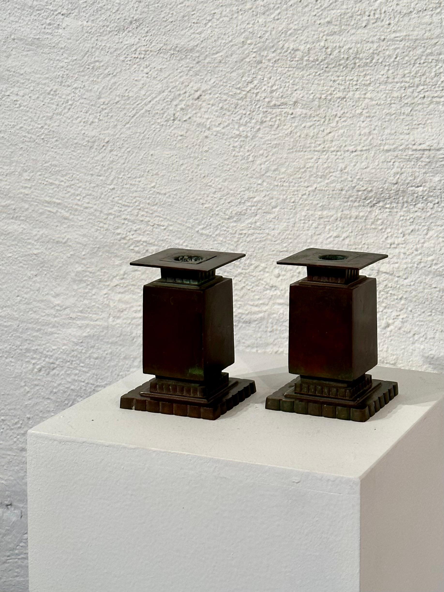 Sune Bäckström Green Patinated Bronze Candlesticks, Sweden, 1930s 1