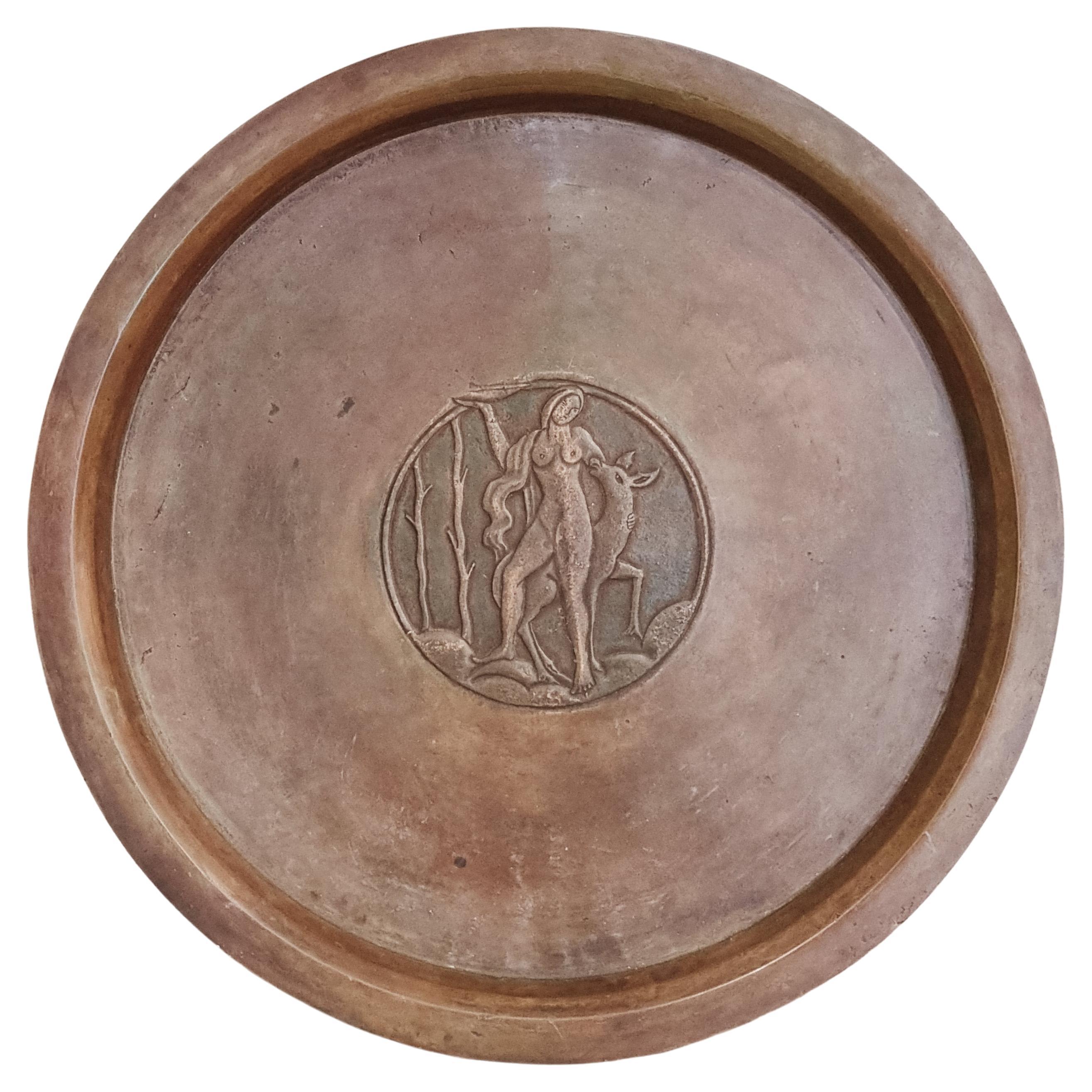 Sune Bäckström, solid bronze platter with decor of goddess Diana, Swedish Grace For Sale