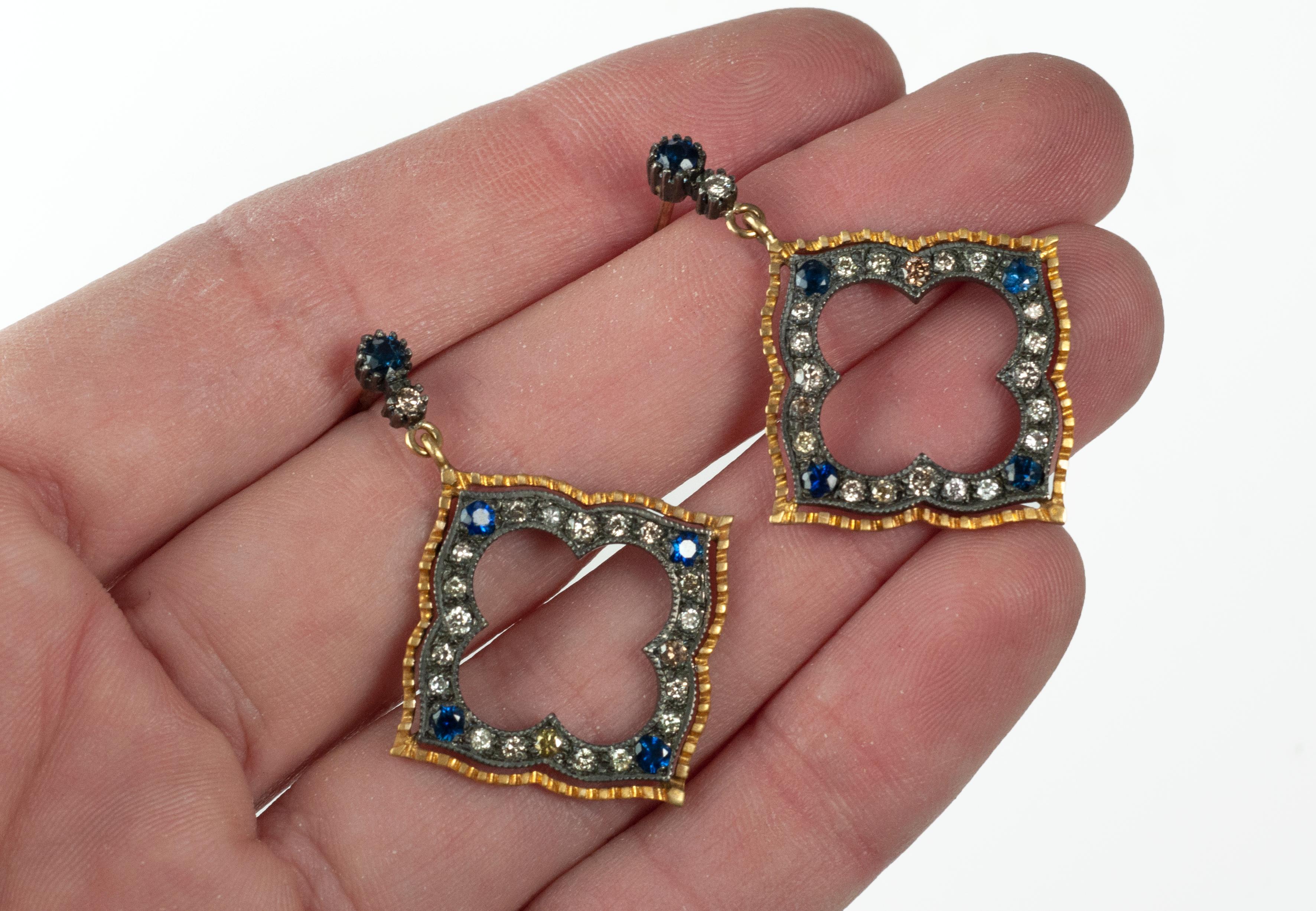 Artisan Blue Sapphire and Diamond Blackened Silver and 18 Karat Gold Earrings SUNEERA For Sale