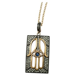 Blue Sapphire Hamsa Sterling Silver and 18 Karat Gold Dogtag Necklace  SUNEERA