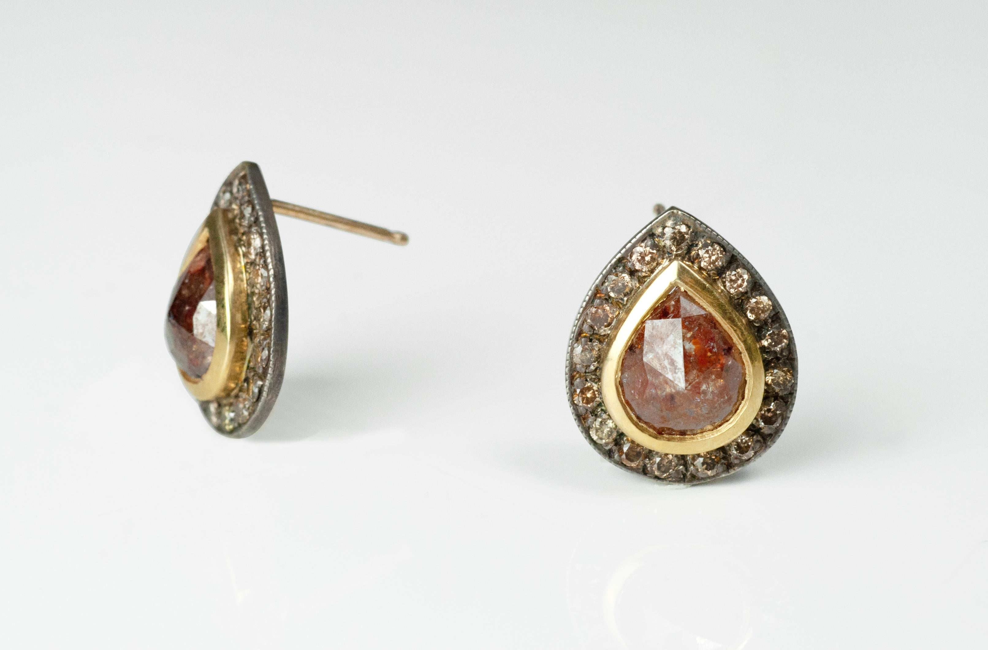Artisan Brick Red Rose Cut Pear Diamond Blackened Silver & 18k Gold Stud Earring SUNEERA