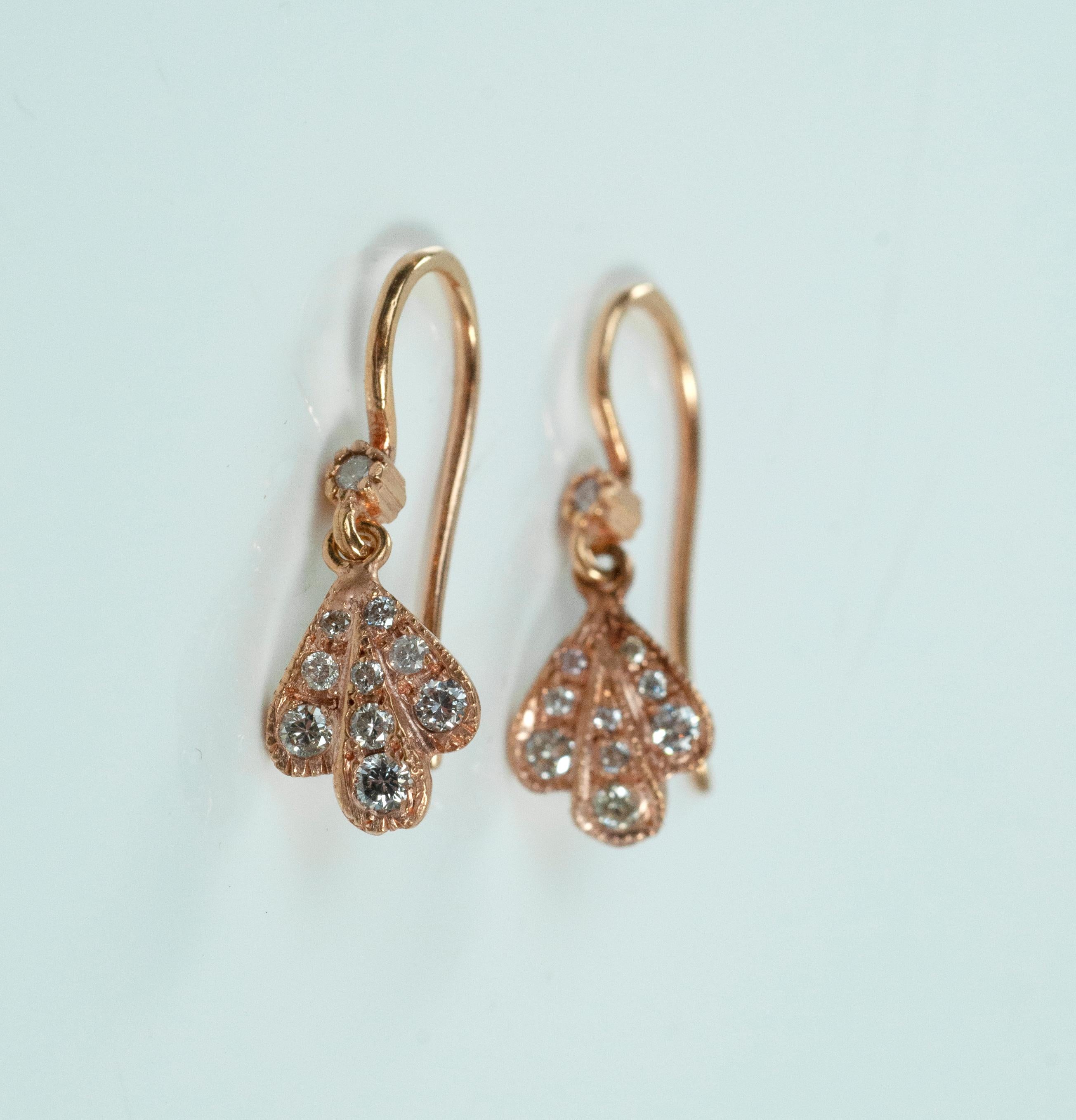 Artisan 14 Karat Rose Gold Diamond Flower Petal Earrings For Sale