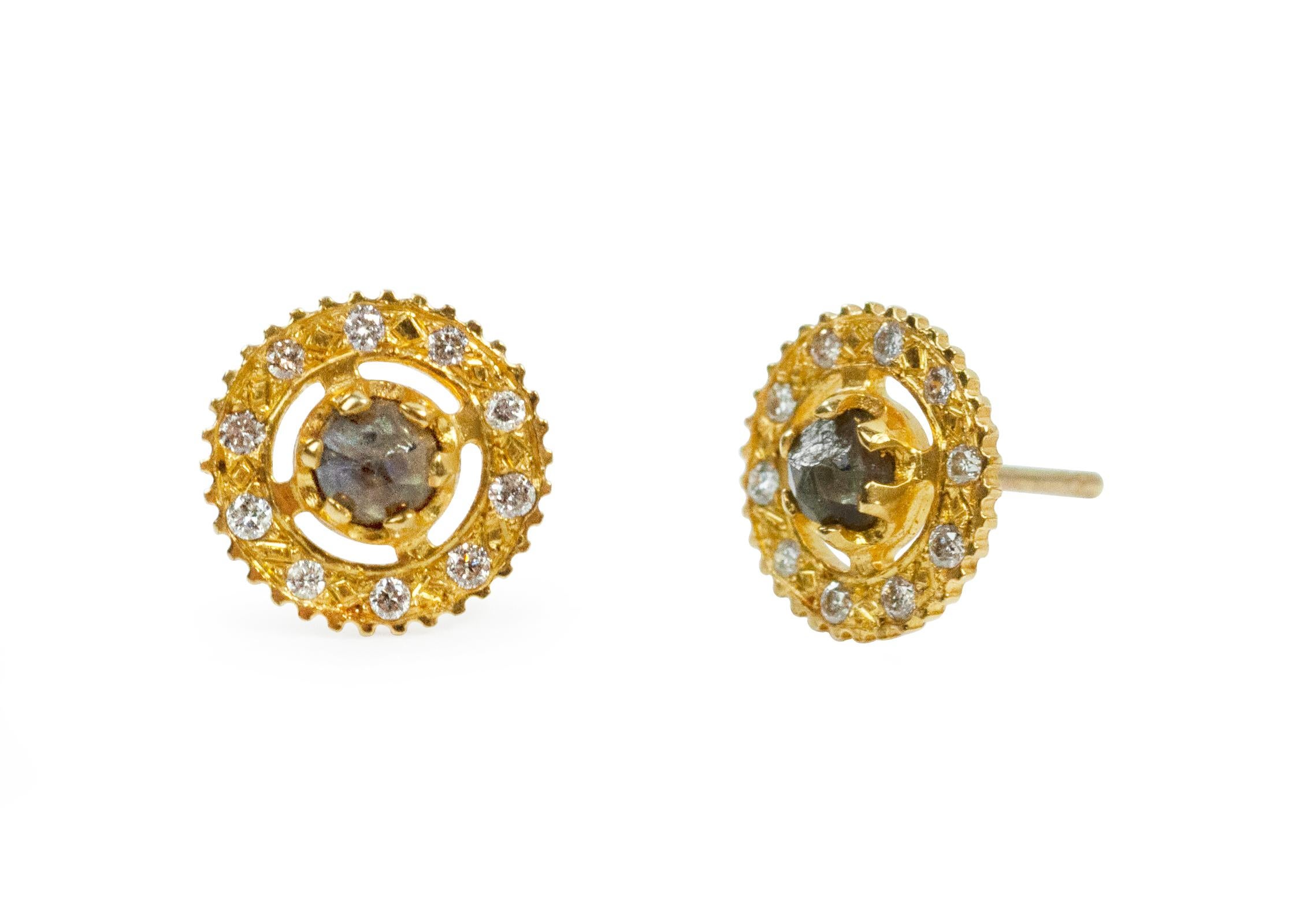 18 Karat Yellow Gold Studs with Labradorite & Diamonds 0.20cts.

Labradorite is a member of the Feldspar family and is treasured for its remarkable play of color, known as labradorescence. The stone, usually gray-green, dark gray, black or