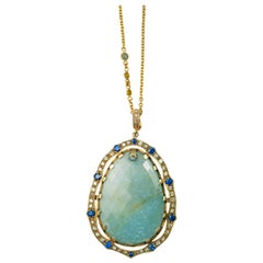 Suneera Large Aquamarine and Diamond 18 Karat Yellow Gold Pendant Necklace