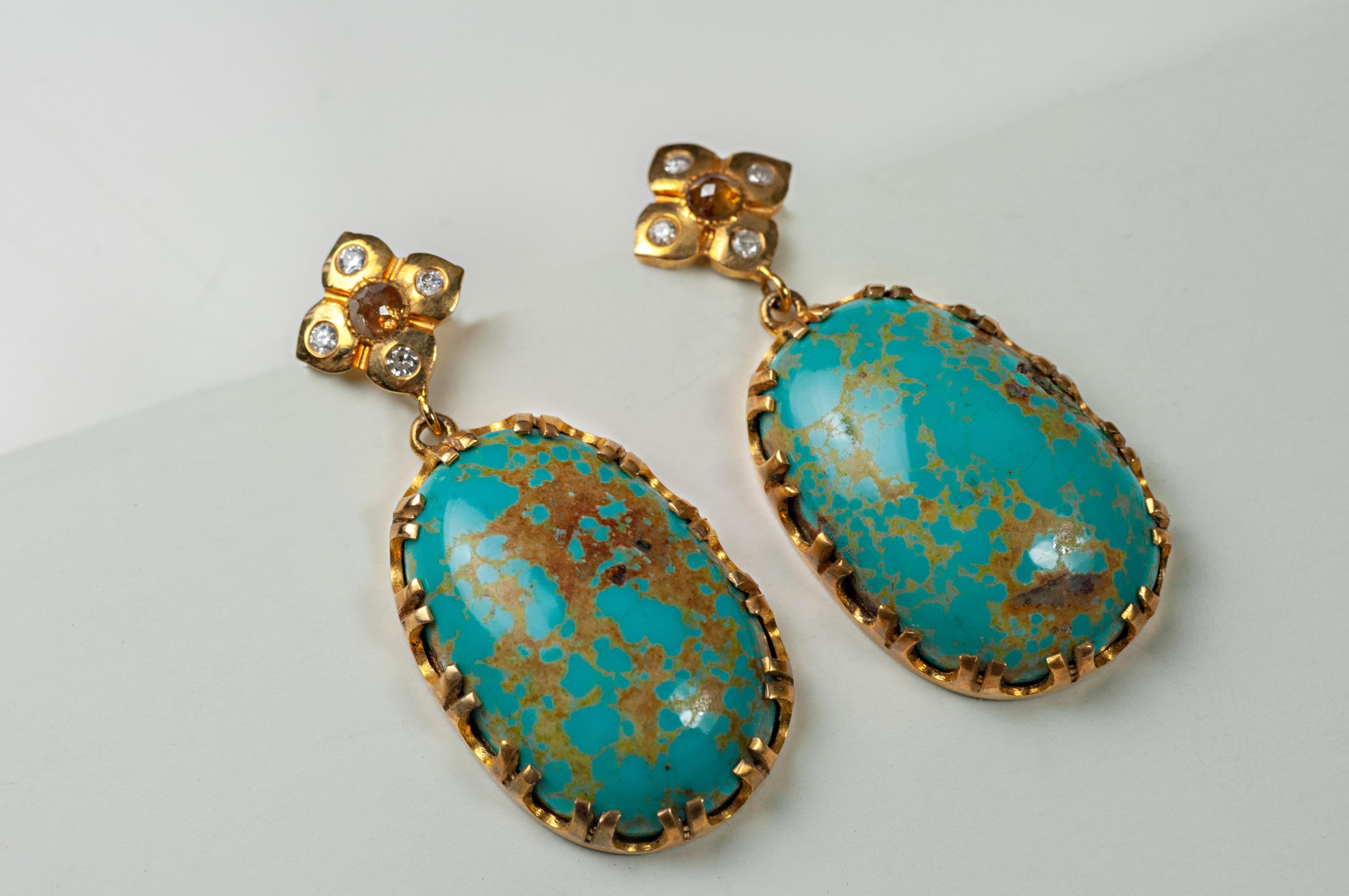 Lone Mountain Turquoise with 18K and 10K yellow gold. Rose cut diamond 0.05cts and pave diamonds 0.03cts. 

Of the famous American Turquoise mines the Lone Mountain Turquoise mine in Nevada is considered to be in the top ten most famous. It produces