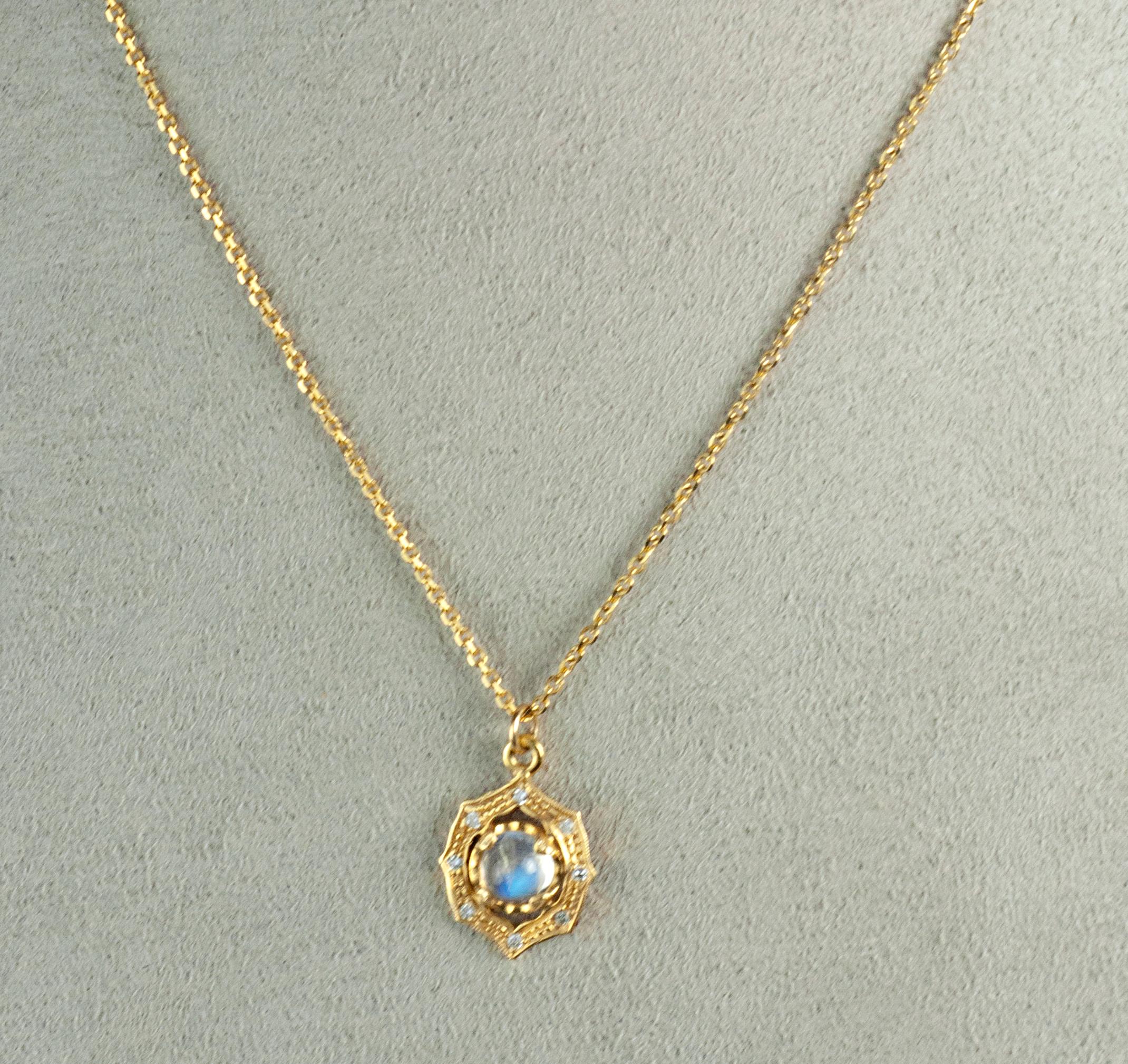 Artisan Moonstone & Diamond 18 Karat Yellow Gold Pendant Necklace SUNEERA For Sale