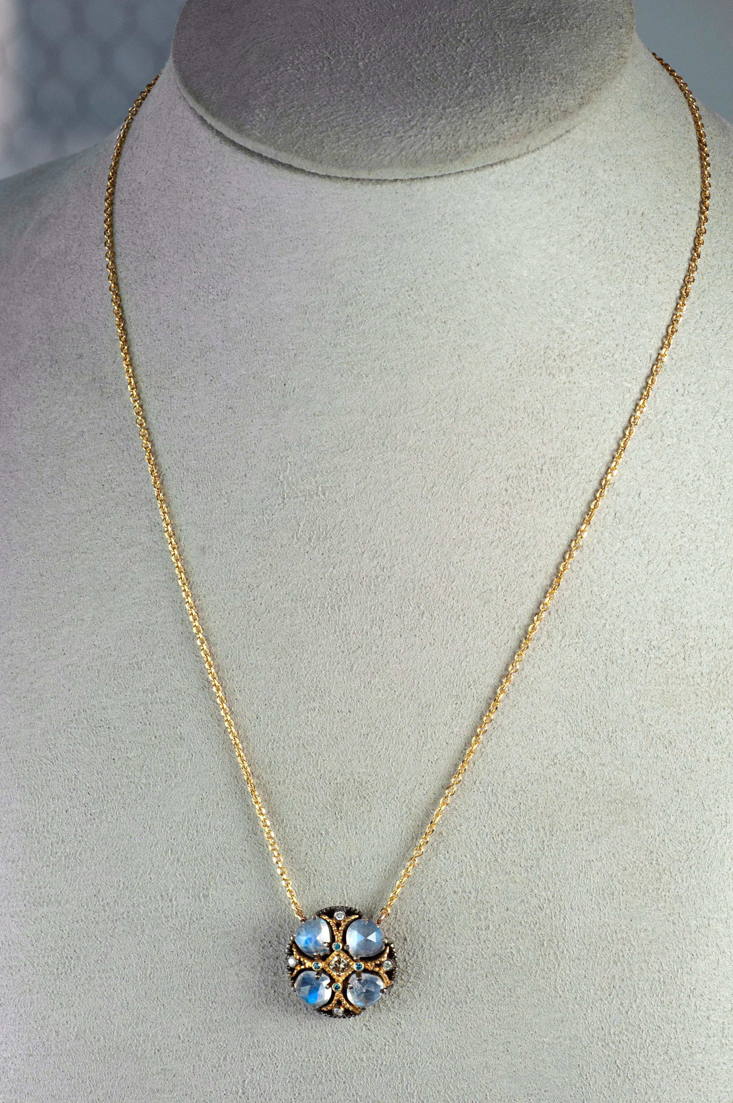 Cabochon Moonstone Diamond Blackened Silver and 18 Karat Gold Pendant Necklace  SUNEERA For Sale