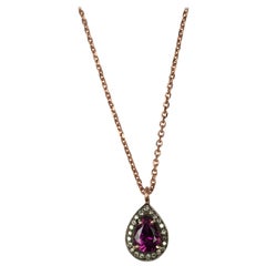 Rhodonite Garnet Briolette & Diamond Rose Gold Pendant Necklace SUNEERA