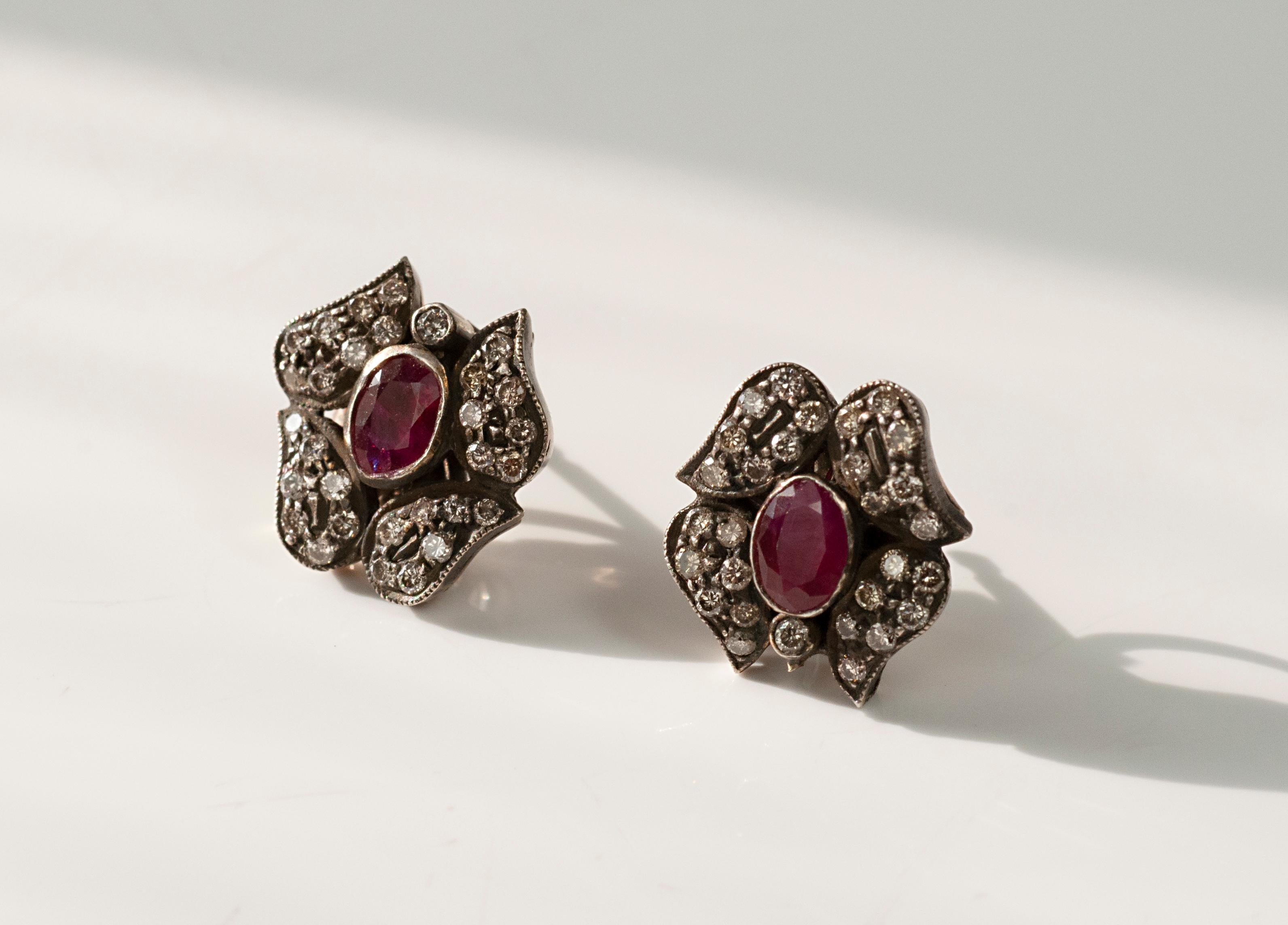 Artisan Ruby and Diamond Sterling Silver and 18 Karat Gold Flower Studs Suneera For Sale