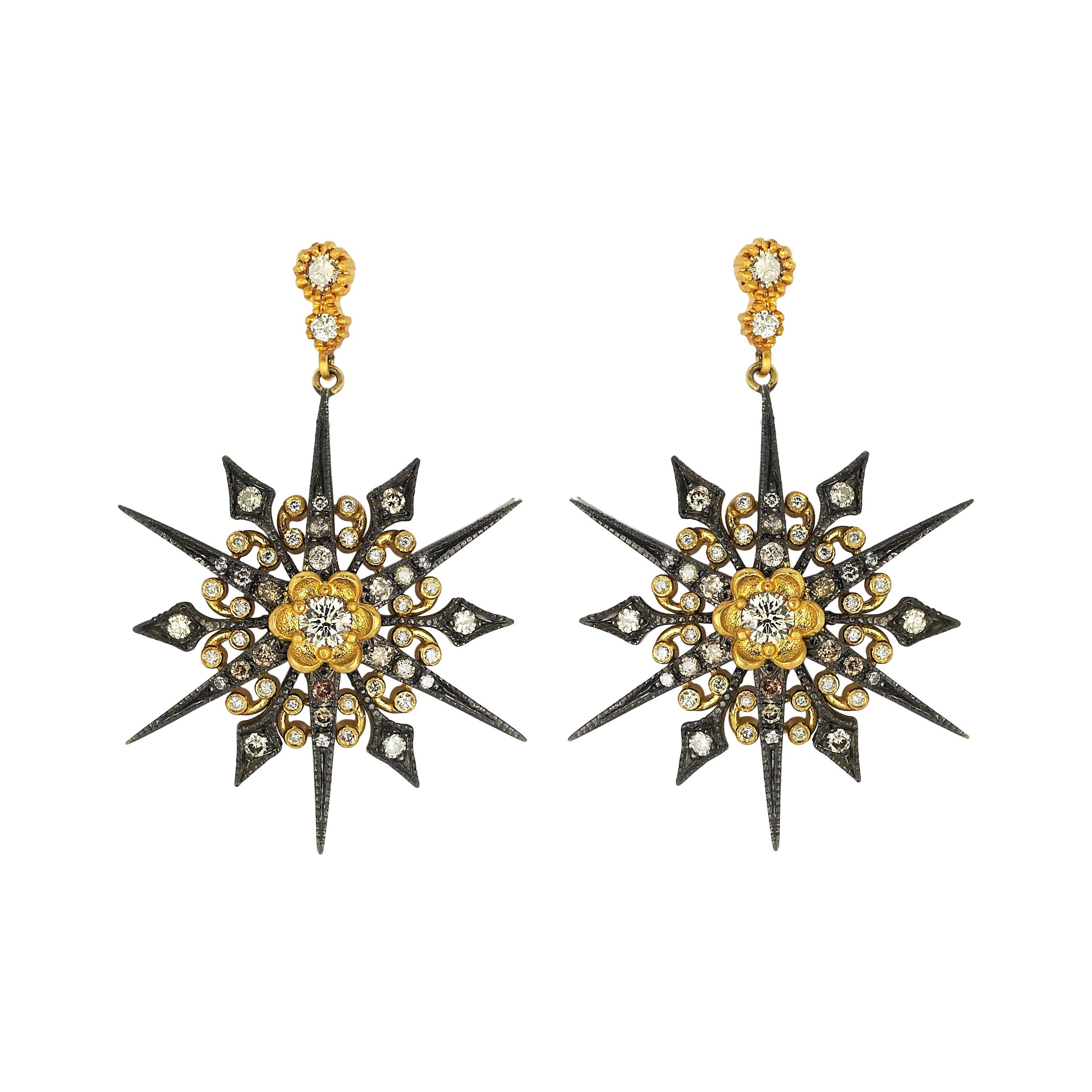 Unique Starlight Diamond Silver and 18 Karat Yellow Gold Earrings SUNEERA For Sale