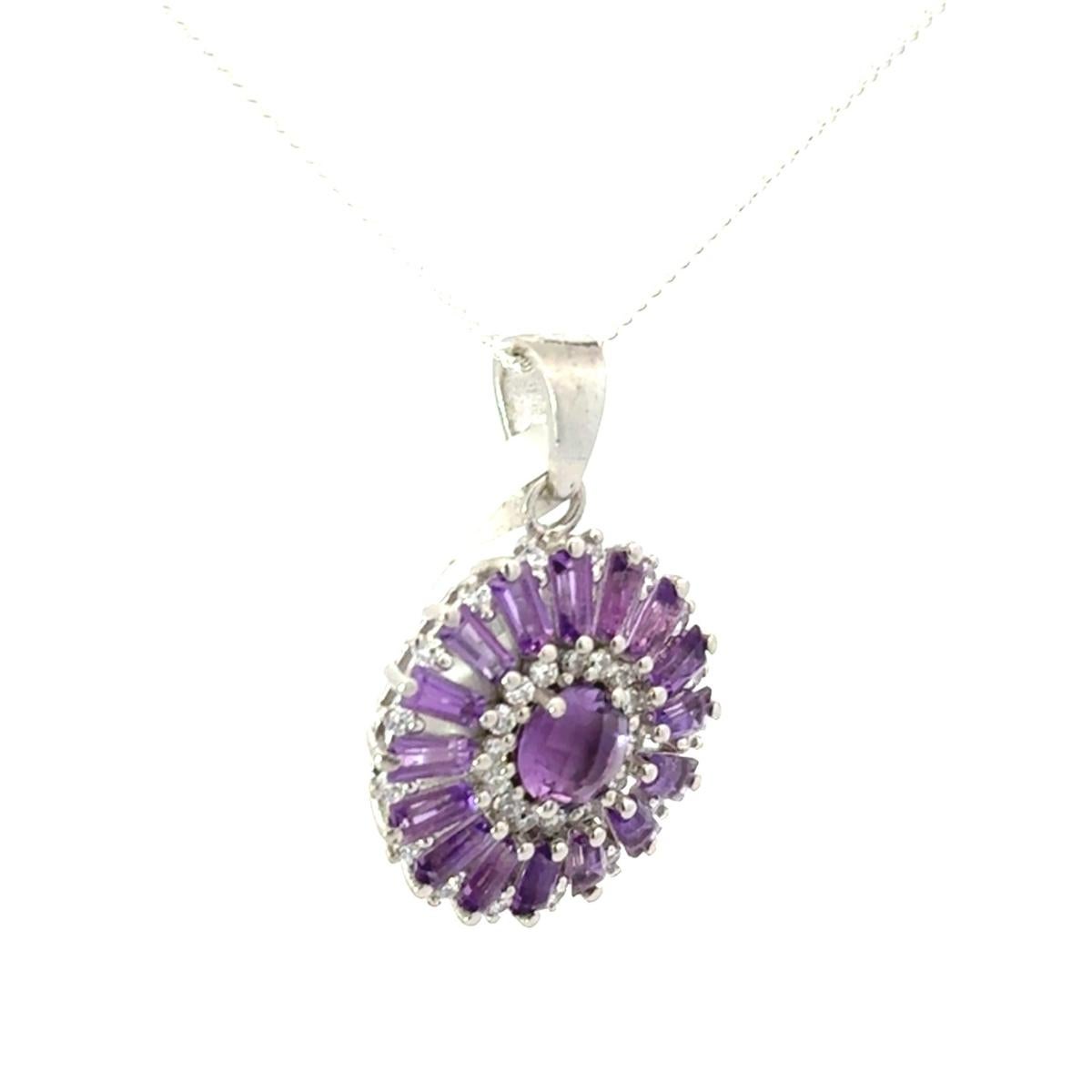 Art Deco Sunflower Amethyst Round Shape Pendant Gift for Her in Sterling Silver Jewelry For Sale