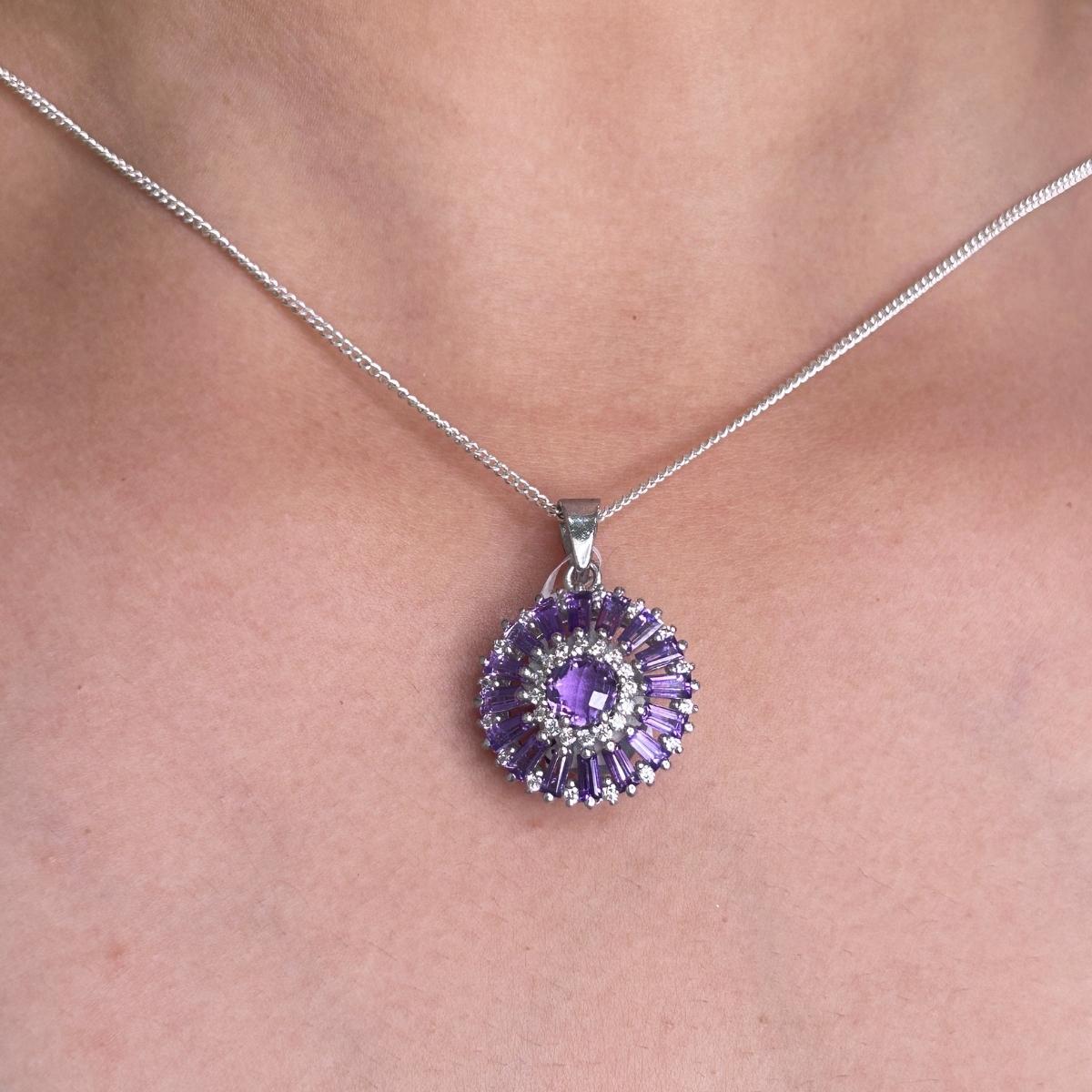 Mixed Cut Sunflower Amethyst Round Shape Pendant Gift for Her in Sterling Silver Jewelry For Sale