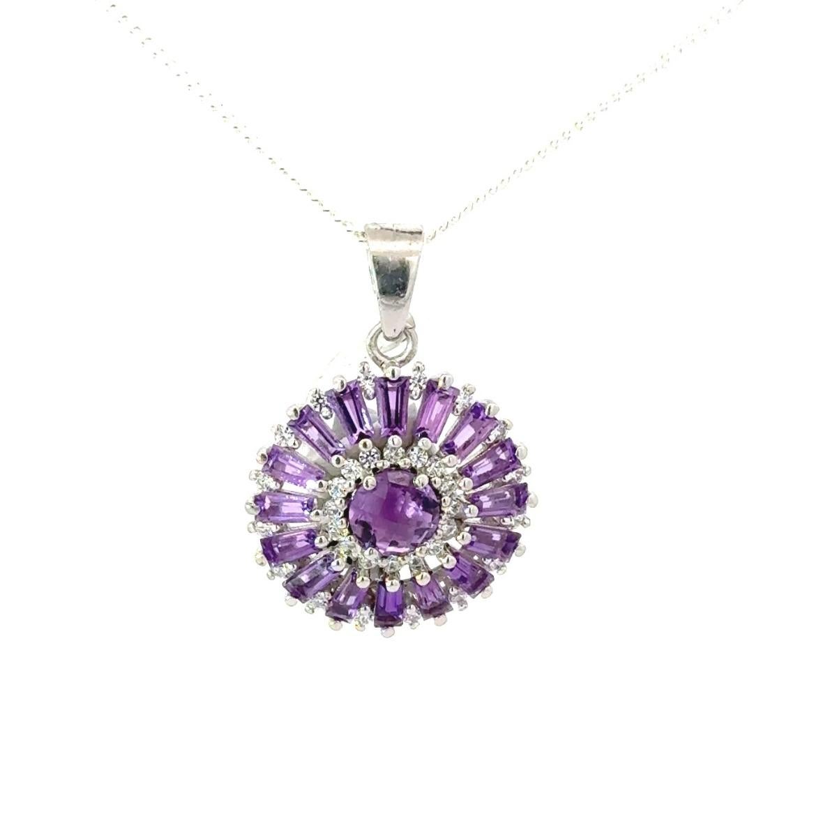 Sunflower Amethyst Round Shape Pendant Gift for Her in Sterling Silver Jewelry In New Condition For Sale In New York, NY