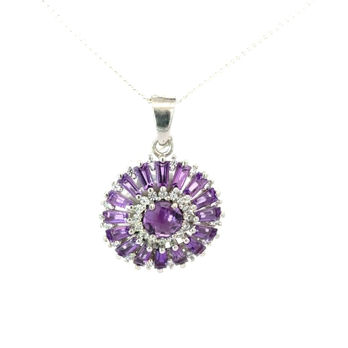 Sunflower Amethyst Round Shape Pendant Gift for Her in Sterling Silver Jewelry For Sale 1