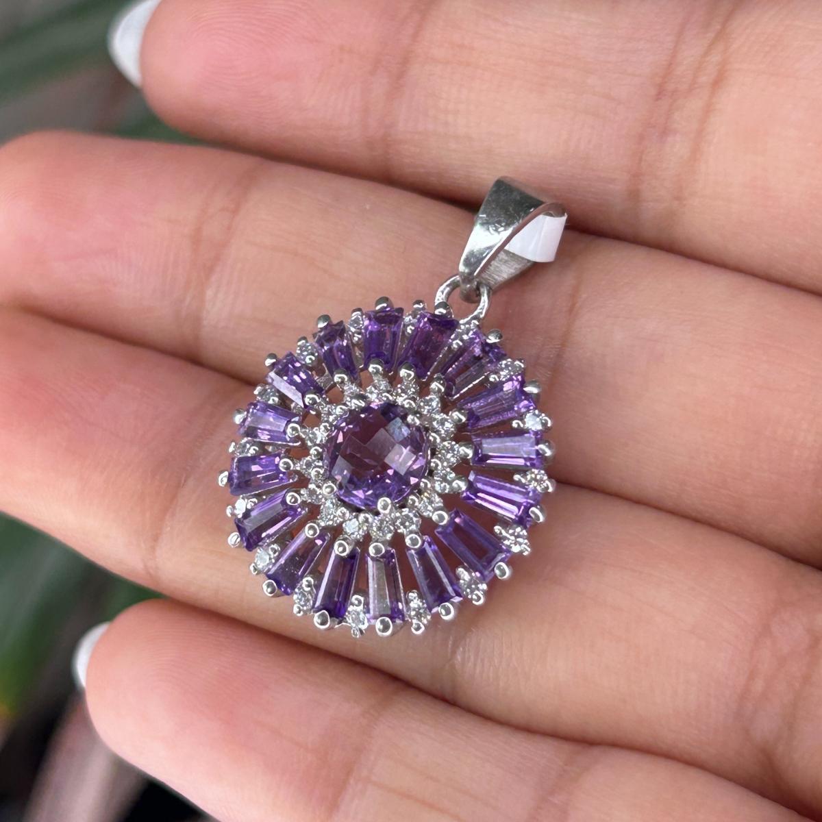 Sunflower Amethyst Round Shape Pendant Gift for Her in Sterling Silver Jewelry For Sale 2