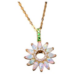 Sunflower Australian Solid Opal Tsavorite Diamond Pendant 18K Yellow Gold