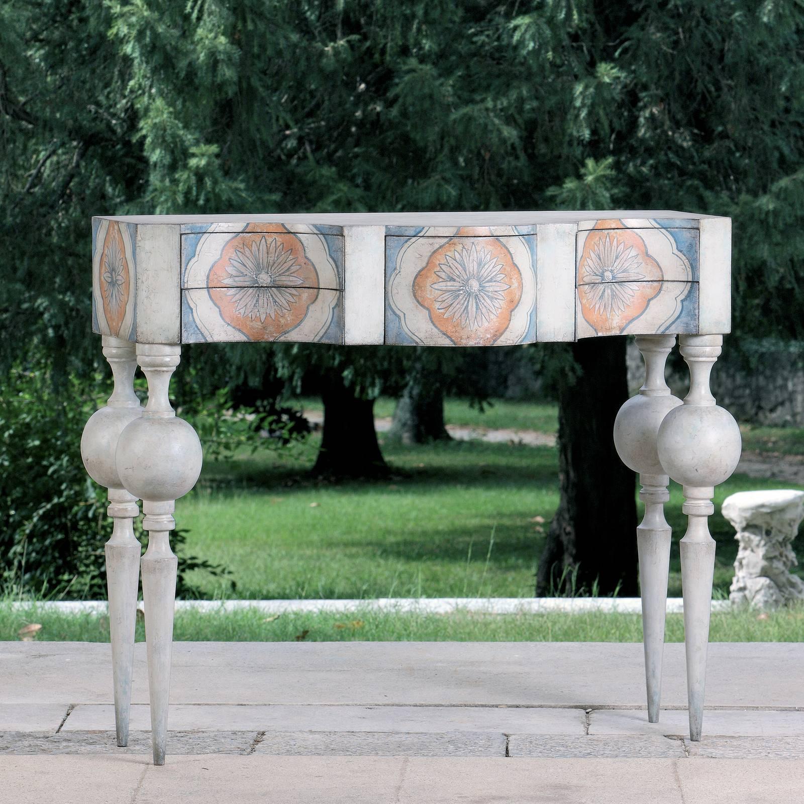 This stunning console channels ancient Venetian design forms with creamy vanilla legs embellished with a large globe that accentuate its elegant frame. Hand painted in a delicate sky blue with antiqued finish, the solid wood structure features front