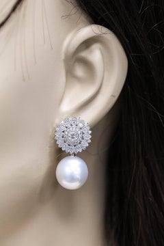 Diamond Sunflower with South Sea Pearl Drop Earrings 1.35 Carats 18K