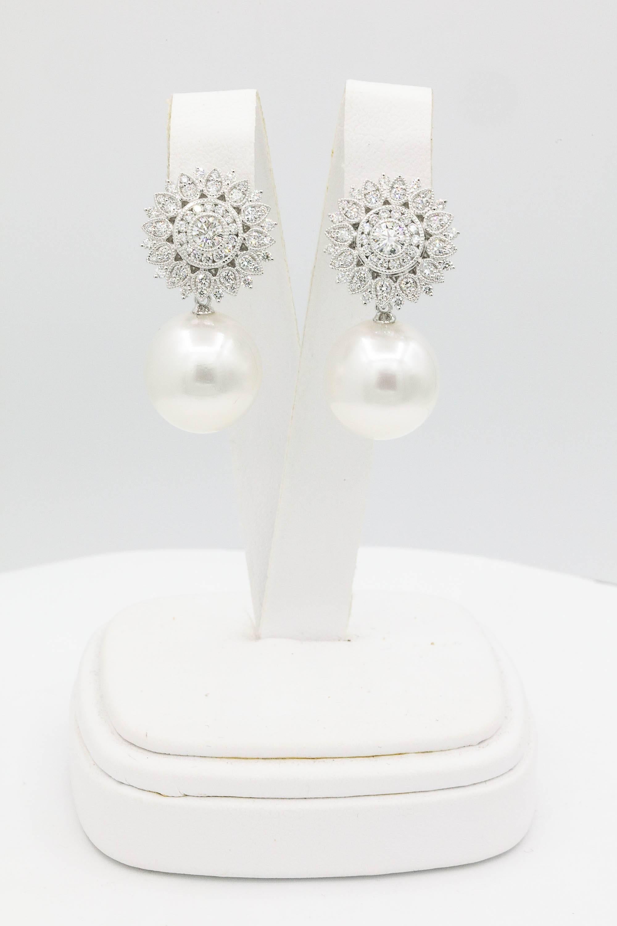 Contemporary Diamond Sunflower with South Sea Pearl Drop Earrings 1.35 Carats 18K For Sale