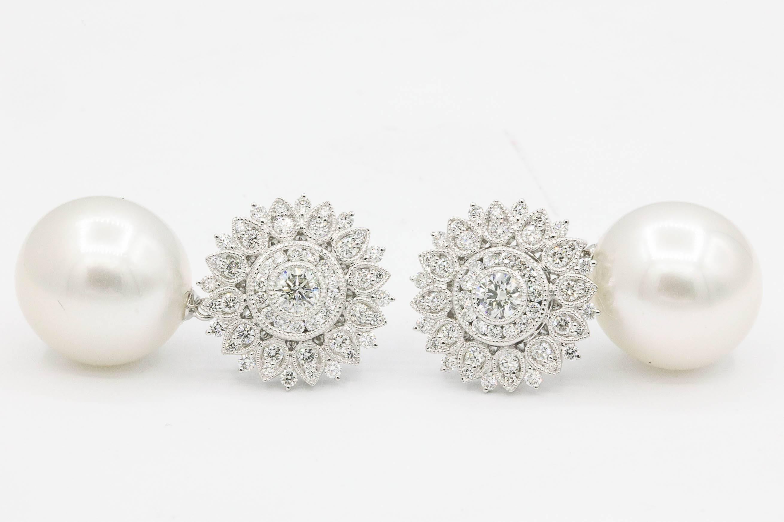 Diamond Sunflower with South Sea Pearl Drop Earrings 1.35 Carats 18K In New Condition For Sale In New York, NY