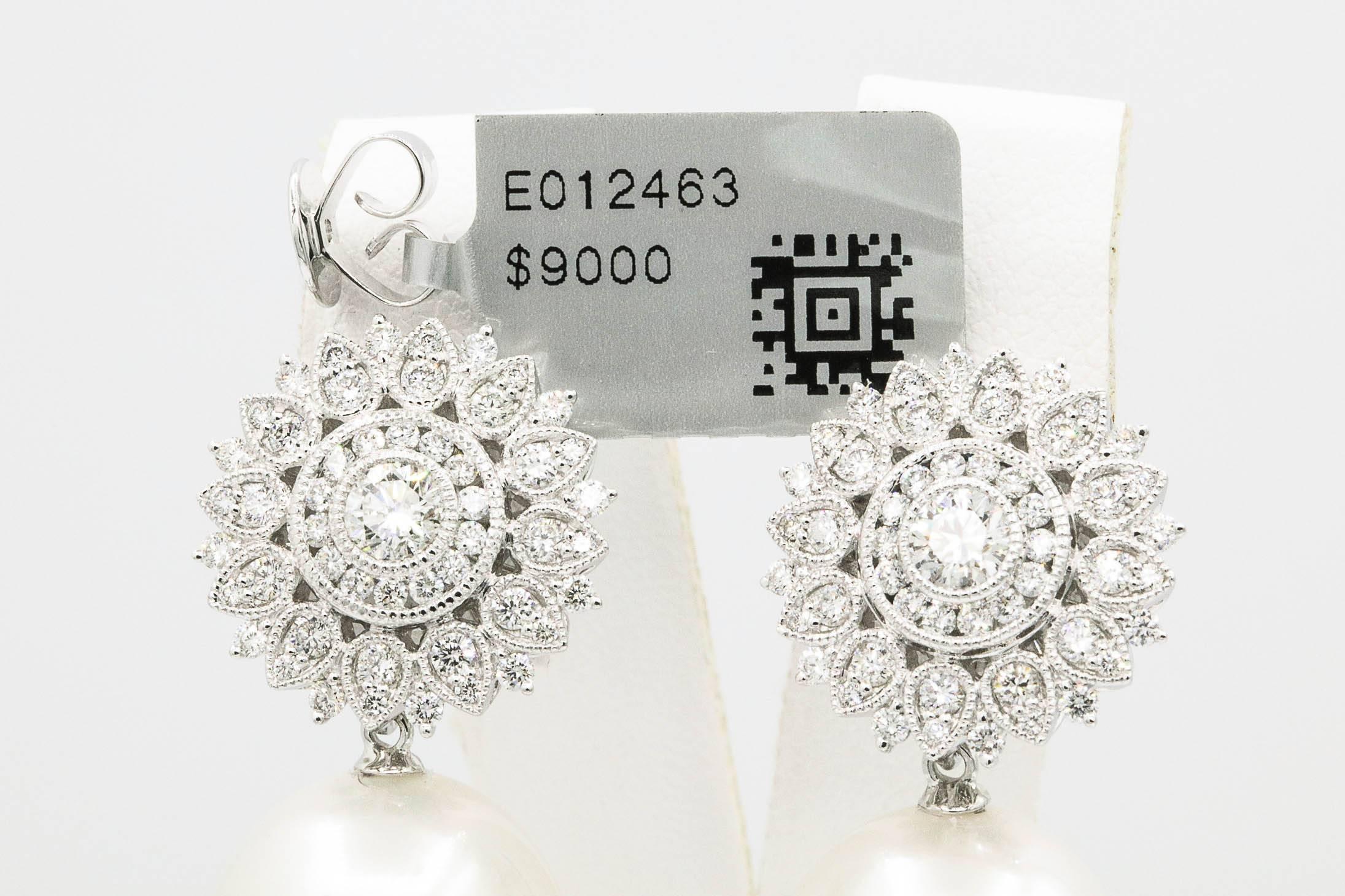 Diamond Sunflower with South Sea Pearl Drop Earrings 1.35 Carats 18K For Sale 1