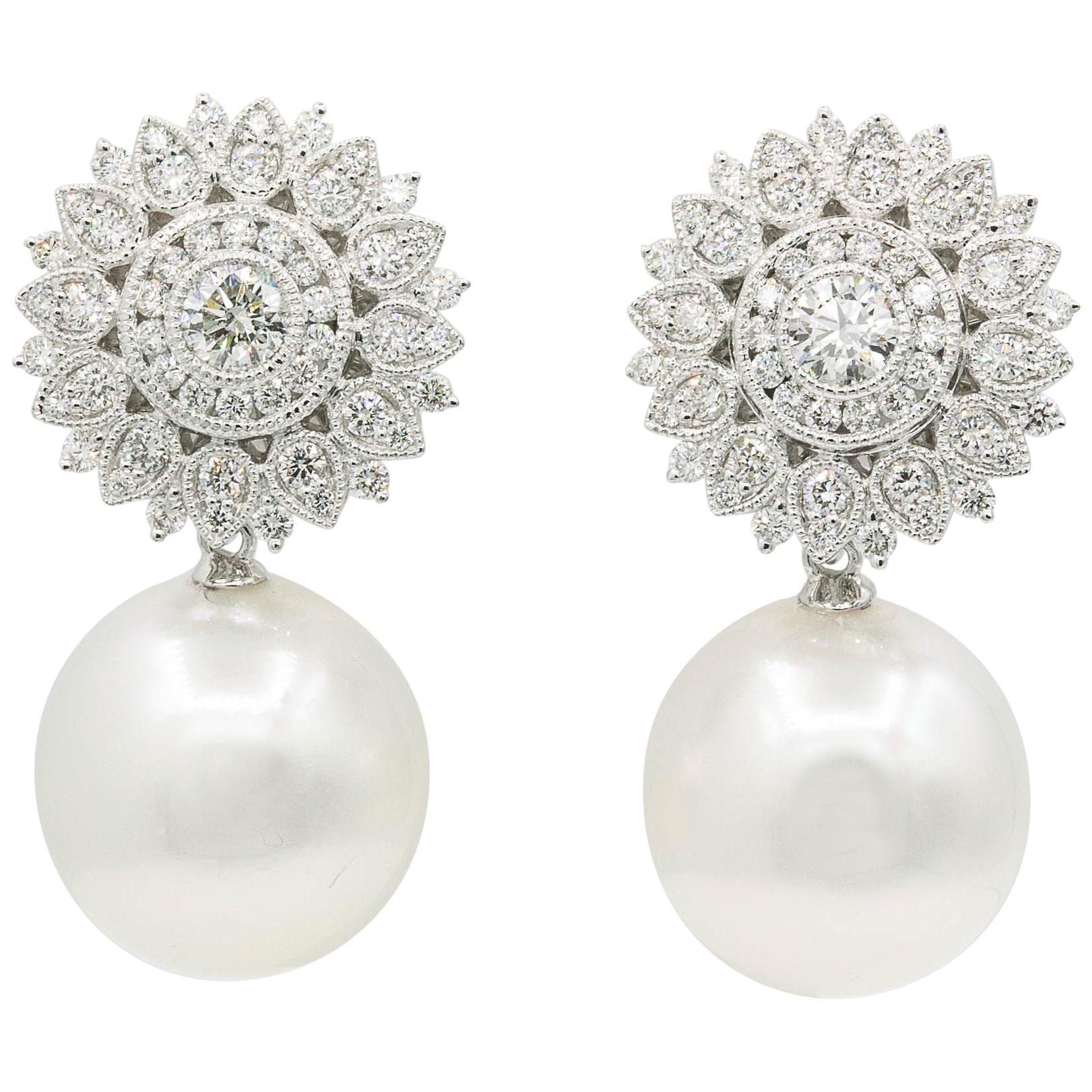 Diamond Sunflower with South Sea Pearl Drop Earrings 1.35 Carats 18K