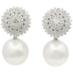 Diamond Sunflower with South Sea Pearl Drop Earrings 1.35 Carats 18K