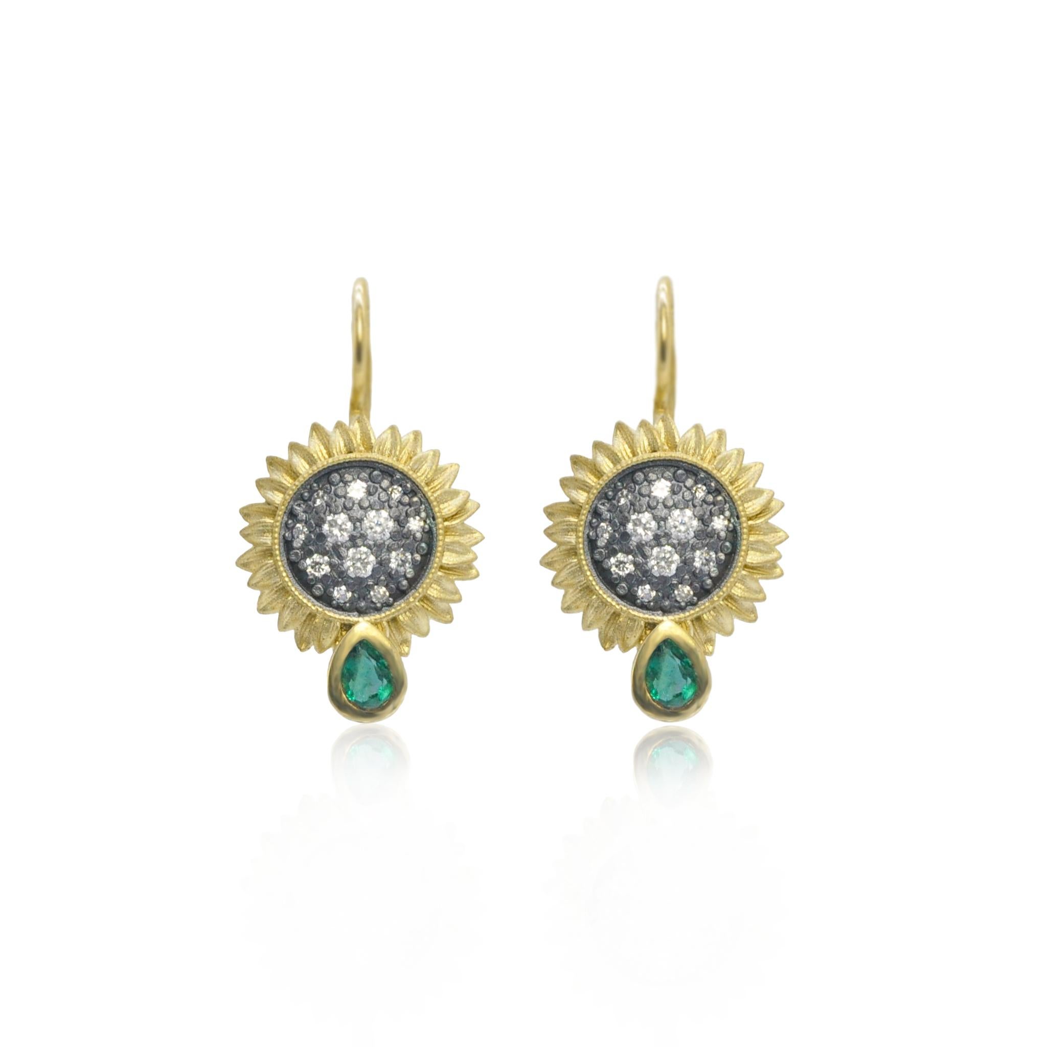 Artisan Sunflower Earrings with Pave Set Diamond in Oxidized Silver with Emeralds, Small For Sale