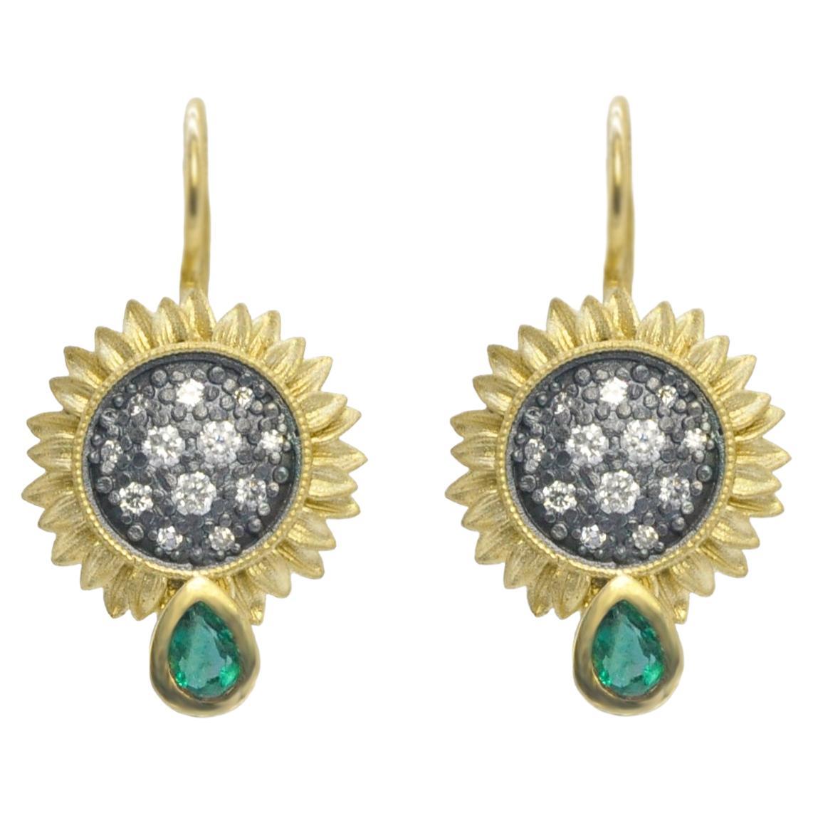 Sunflower Earrings with Pave Set Diamond in Oxidized Silver with Emeralds, Small For Sale