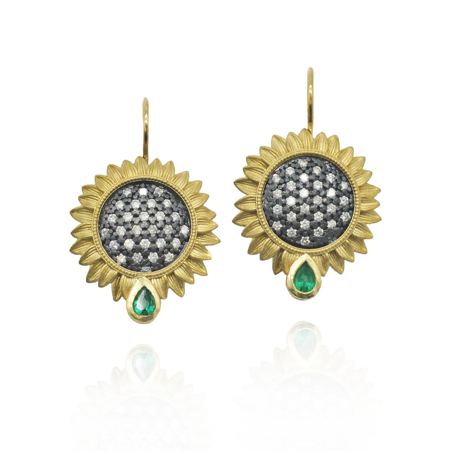 Artisan Sunflower Earrings with Pave Set Diamonds in Oxidized Silver with Emeralds, Med For Sale