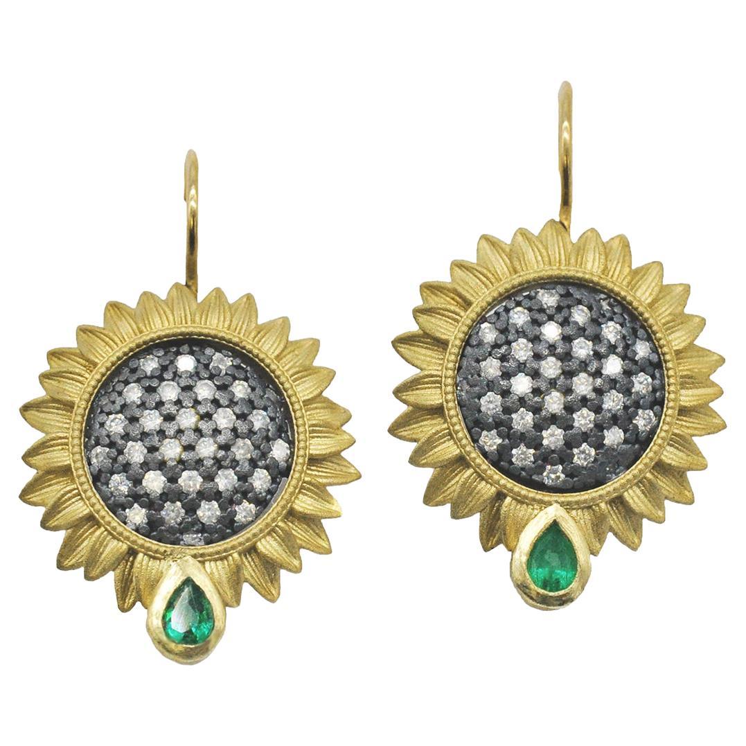 Sunflower Earrings with Pave Set Diamonds in Oxidized Silver with Emeralds, Med For Sale