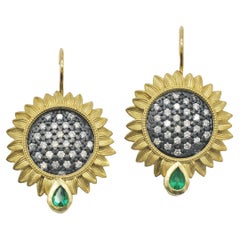 Sunflower Earrings with Pave Set Diamonds in Oxidized Silver with Emeralds, Med