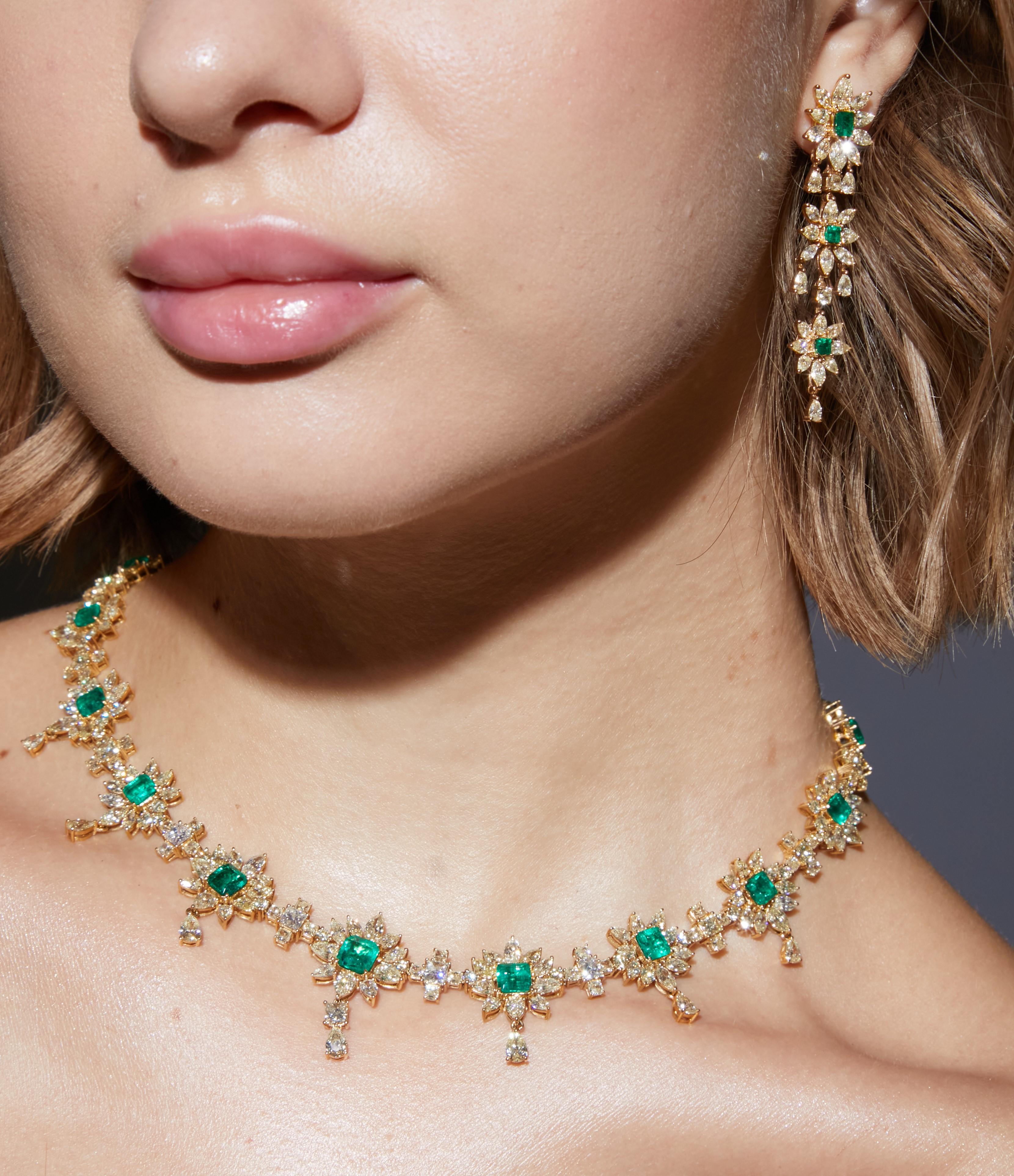 Sunflower Emeralds by Sunita Nahata Fine Design. This collection features vibrant green emeralds set on a bed of stunning yellow diamonds set in yellow gold. This is a dainty and delicate bridal necklace that still exudes a glamorous and luxurious