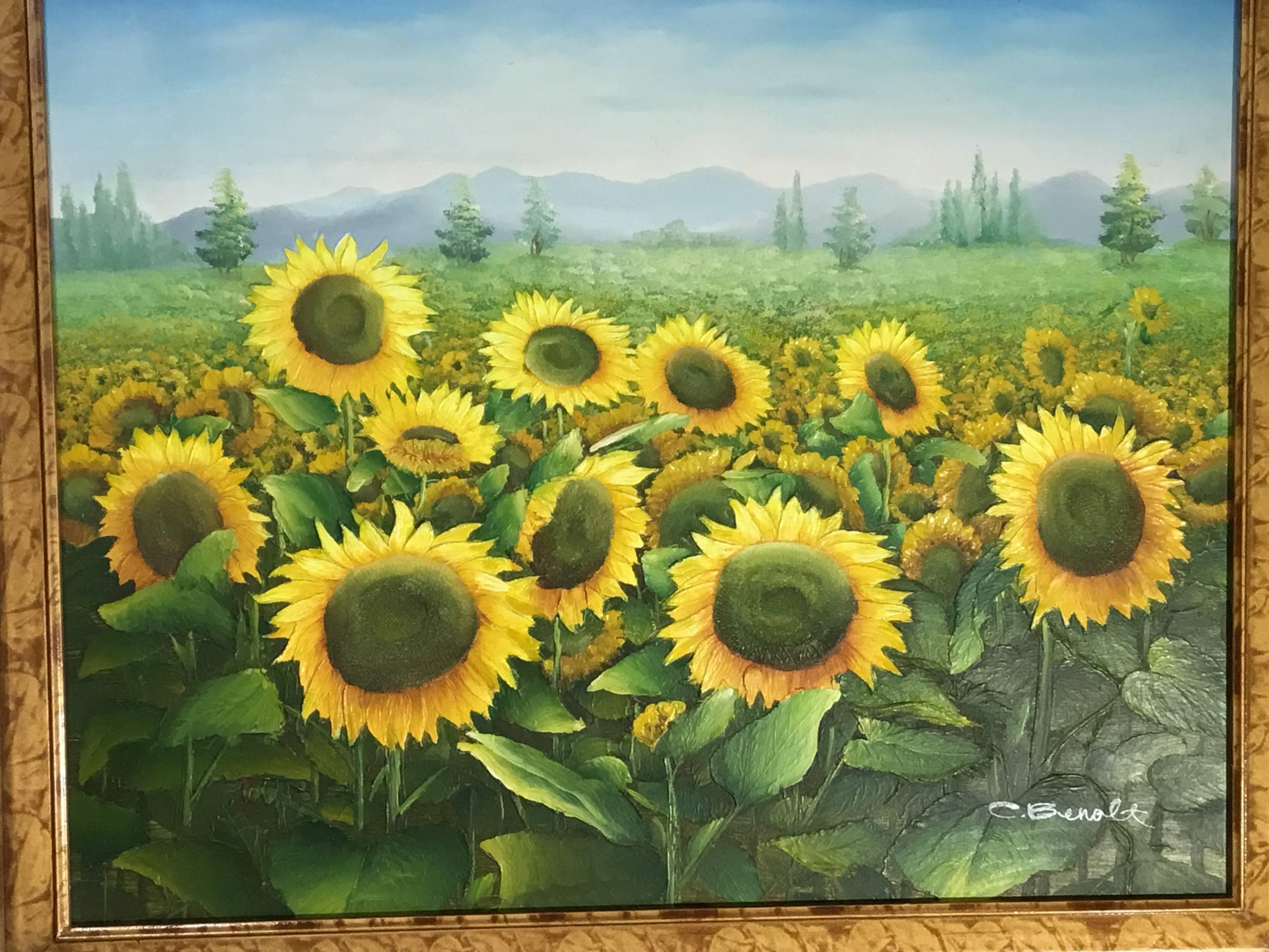 Beautiful oil painting on canvas depicting pastoral view of vivid sunflower field, overlooking exceptional mountain view on the horizon. Great painting ,signed by the artist on the lower right.
Decorative wood frame.