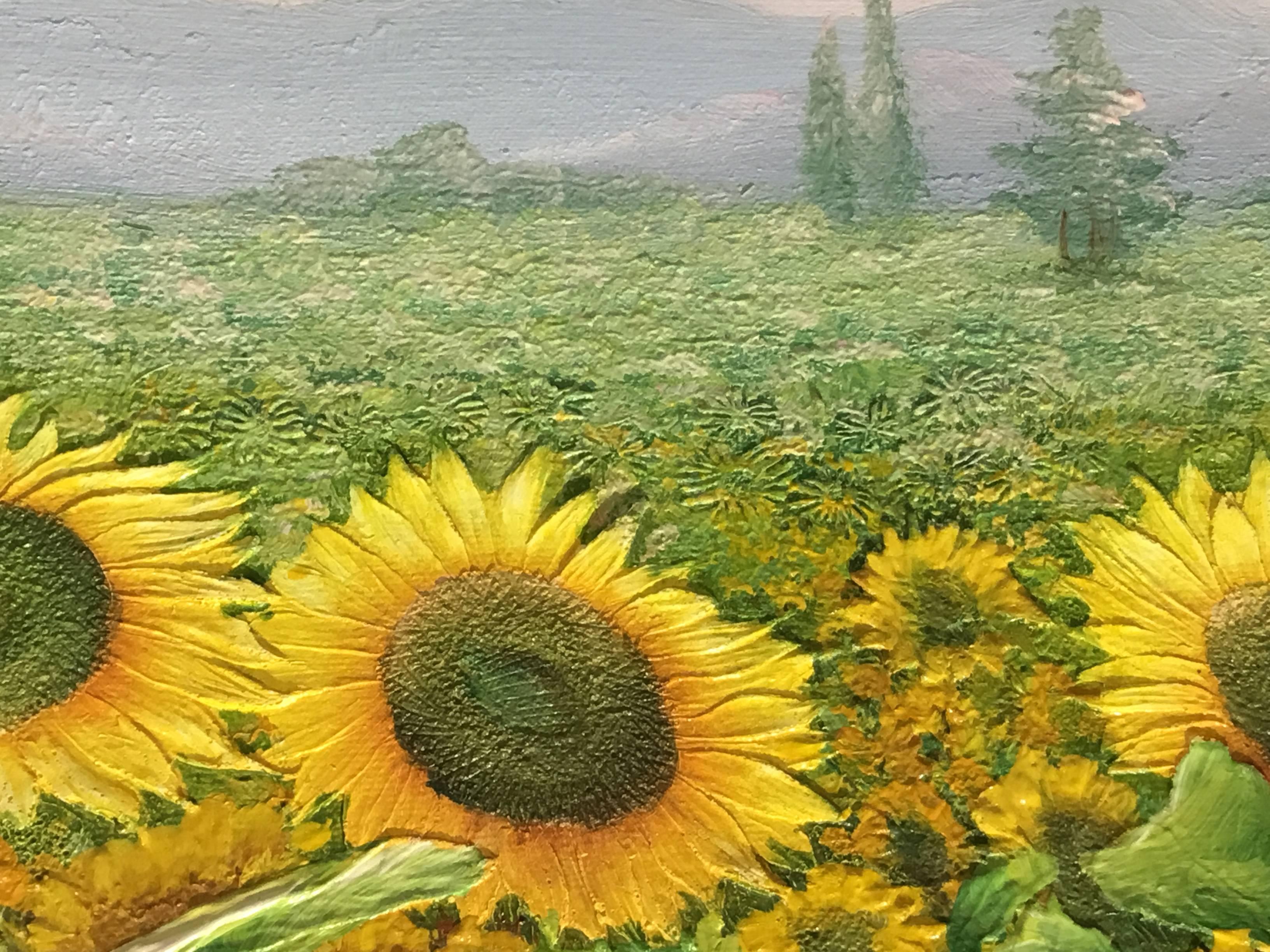 Sunflower Field Oil Painting on Canvas In Excellent Condition In Delray Beach, FL