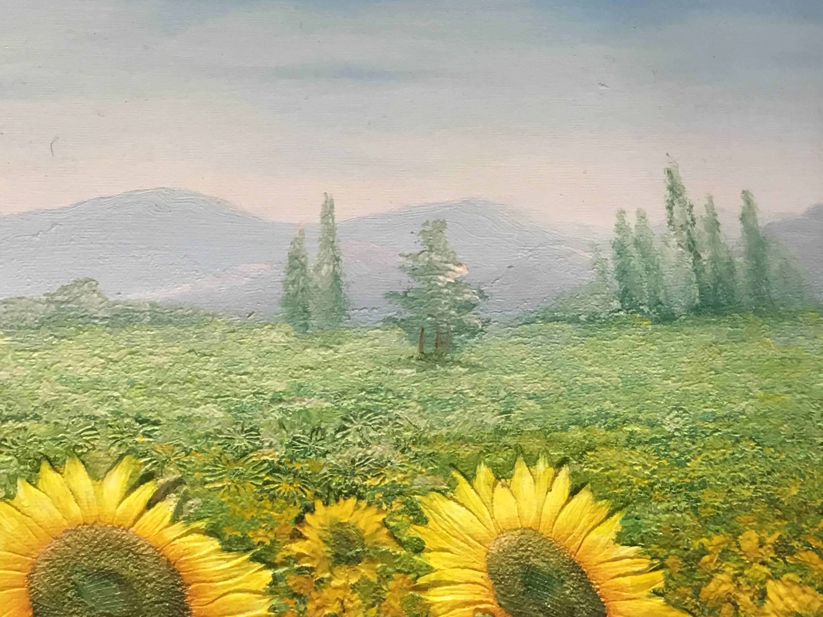 20th Century Sunflower Field Oil Painting on Canvas