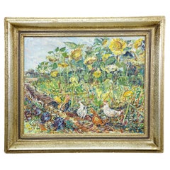 Champ de tournesols avec poules - Peinture à l
huile originale d
Alexander Michael, 1990