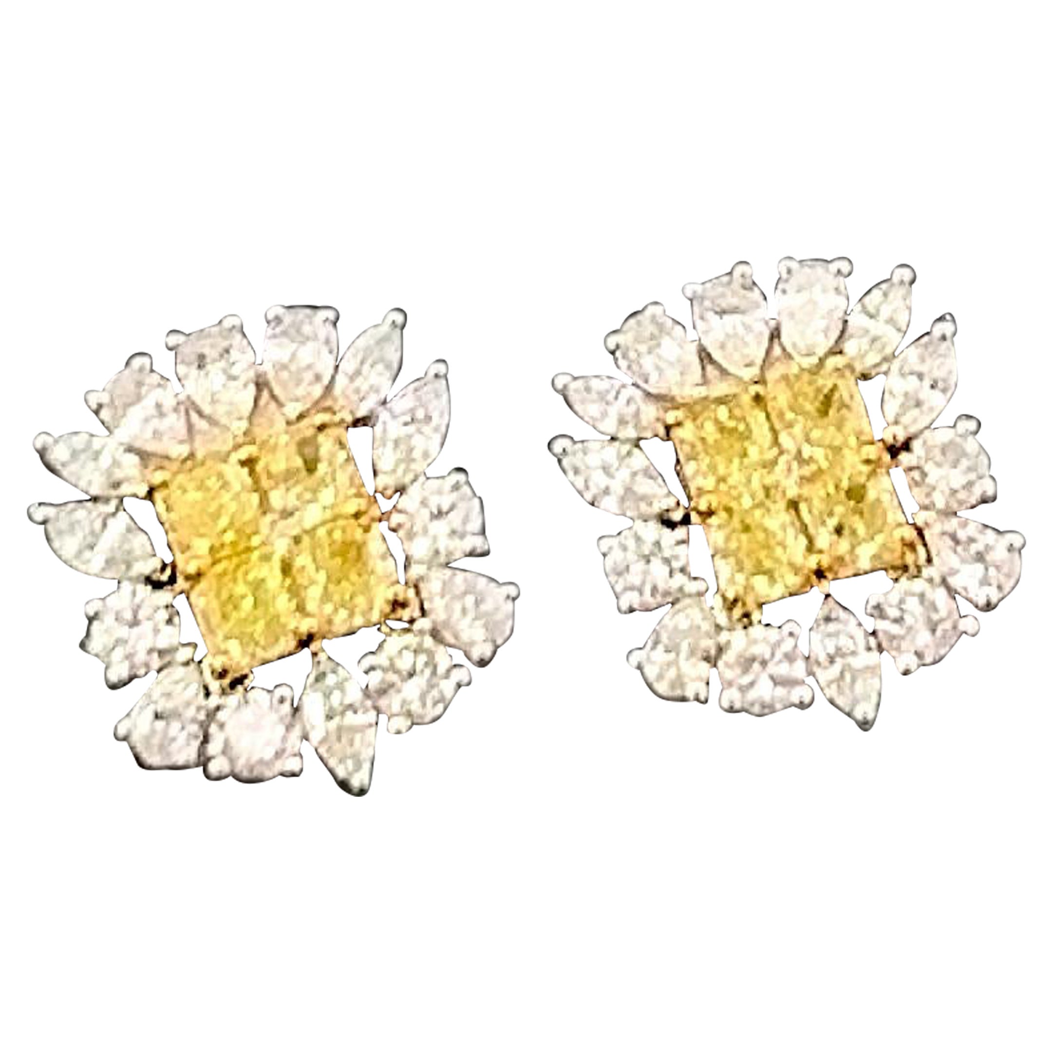 3.97ct Fancy Yellow & White Diamond 18K Gold Sunflower Earrings
