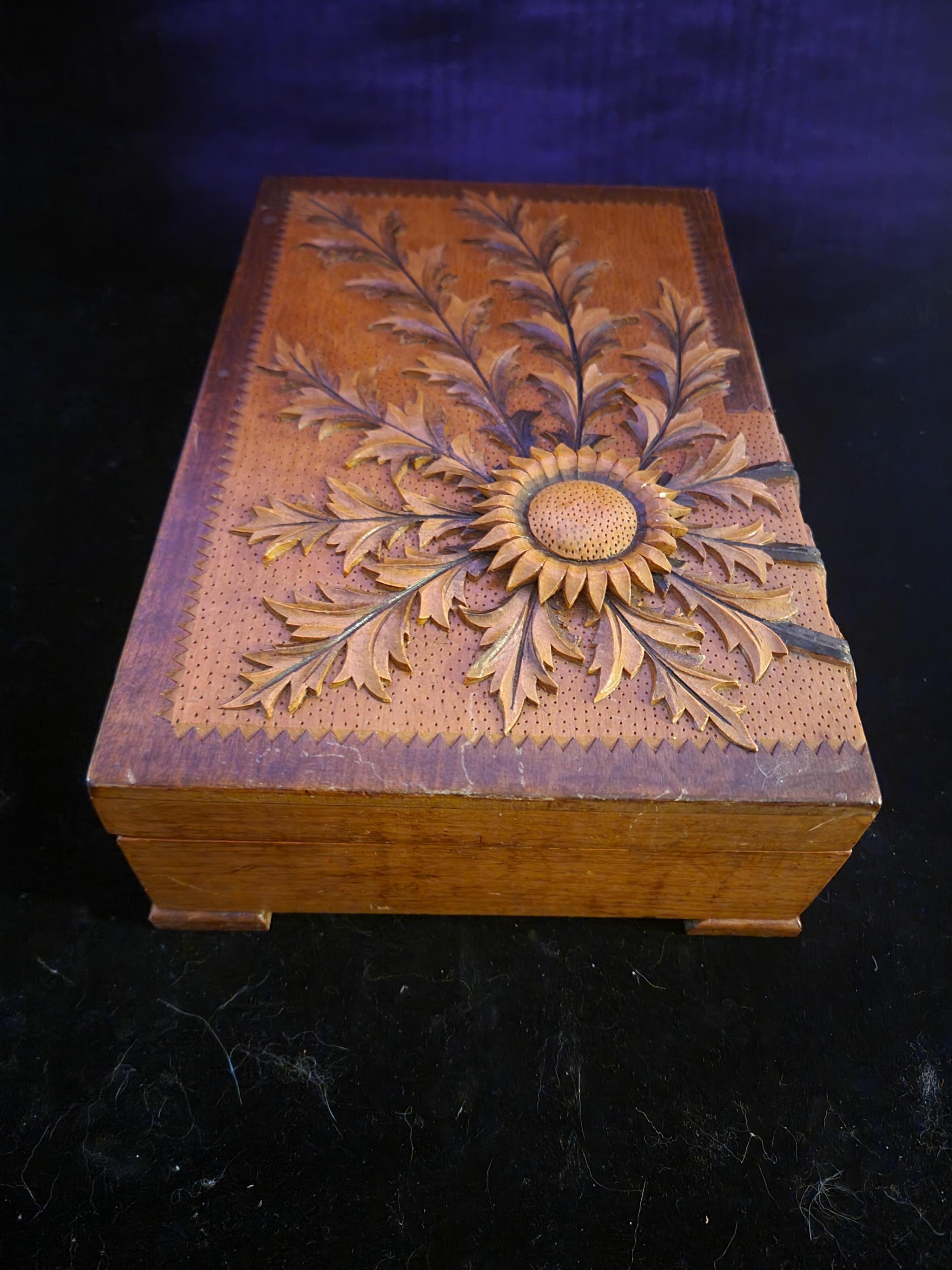 This is one the most exquisitely carved boxes that I have ever been lucky to find. It is a Sunflower letter/jewelry box. I believe to be created in Italy. I do not know for dsure. The attribution is incorrect because it forced me to put something.