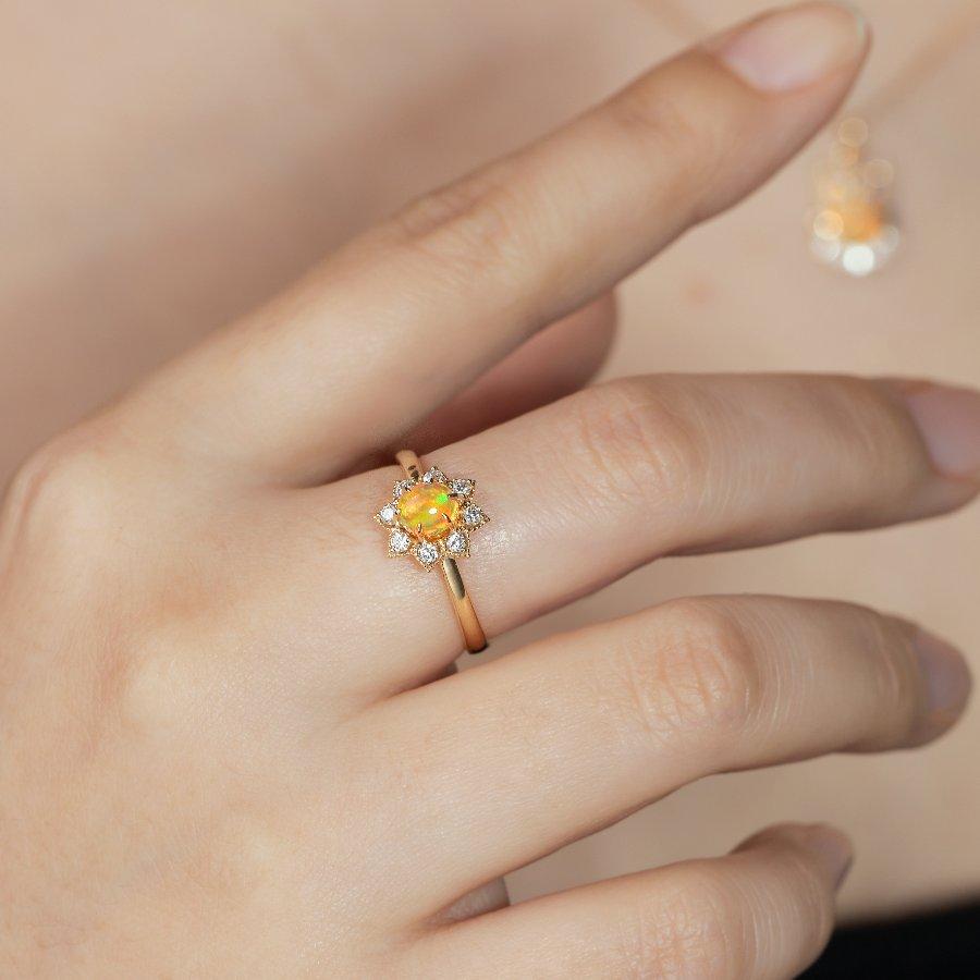 Arts and Crafts Sunflower Mexican Fire Opal Diamond Engagement Ring 18K Yellow Gold For Sale