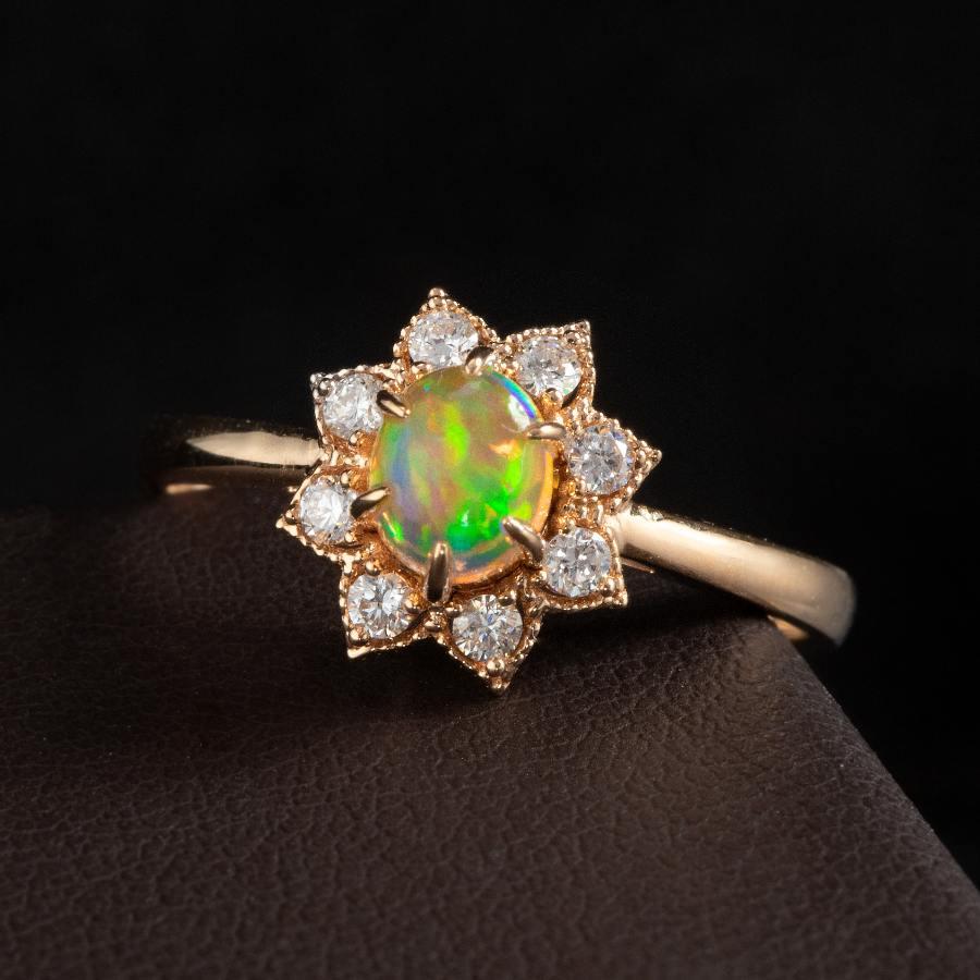 Arts and Crafts Sunflower Mexican Fire Opal Diamond Engagement Ring 18K Yellow Gold