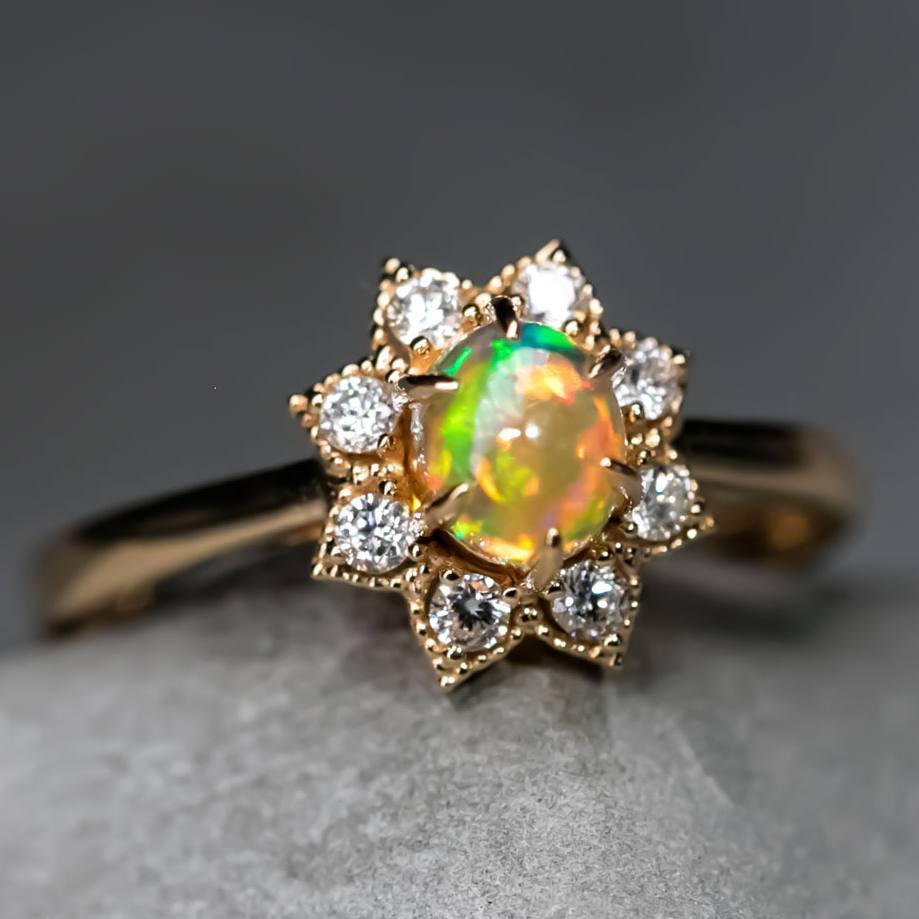 Brilliant Cut Sunflower Mexican Fire Opal Diamond Engagement Ring 18K Yellow Gold
