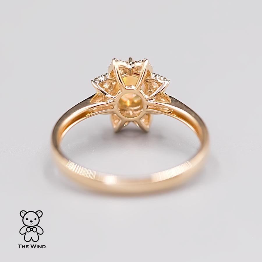 Sunflower Mexican Fire Opal Diamond Engagement Ring 18K Yellow Gold For Sale 1
