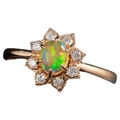 Sunflower Mexican Fire Opal Diamond Engagement Ring 18K Yellow Gold