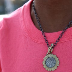 Sunflower Necklace with Pave Set Diamonds in Oxidized Silver, Large
