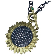 Sunflower Necklace with Pave Set Diamonds in Oxidized Silver, Large